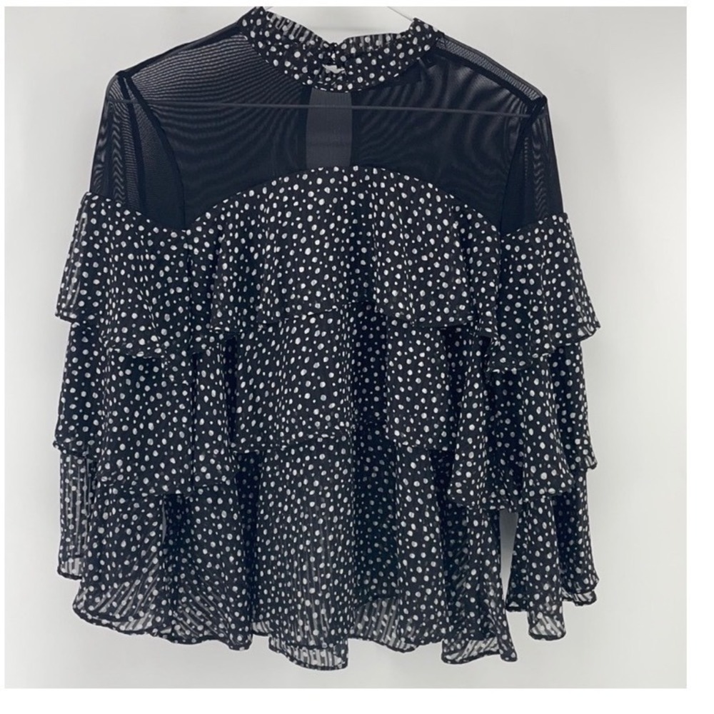 P Luca Milano Tiered Polka Dot 3/4 Sleeve Blouse Babydoll retro boho black sz L